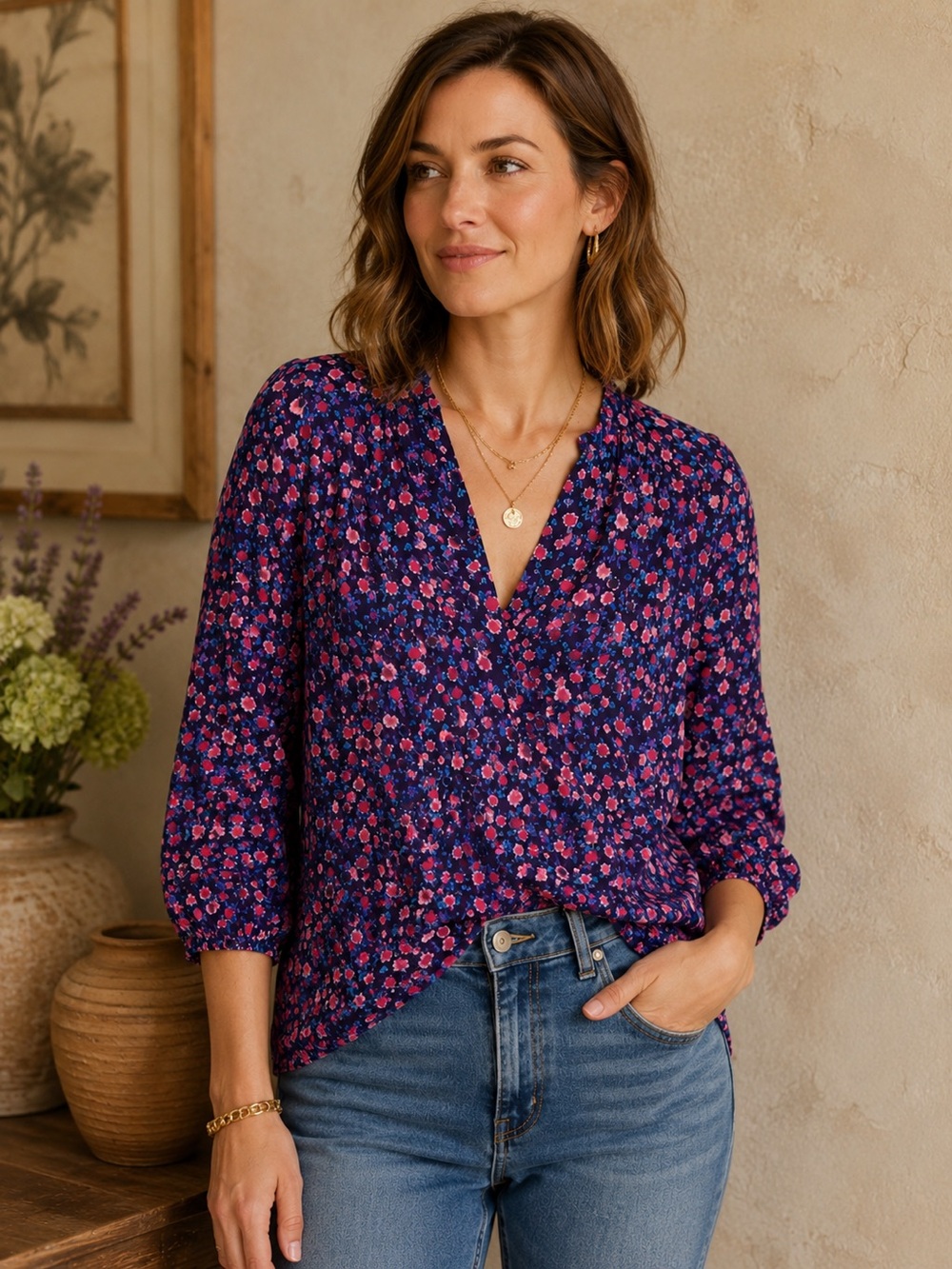 J.Crew Floral V-Neck Popover Blouse Size Small Navy Pink Blue 3/4 Sleeve